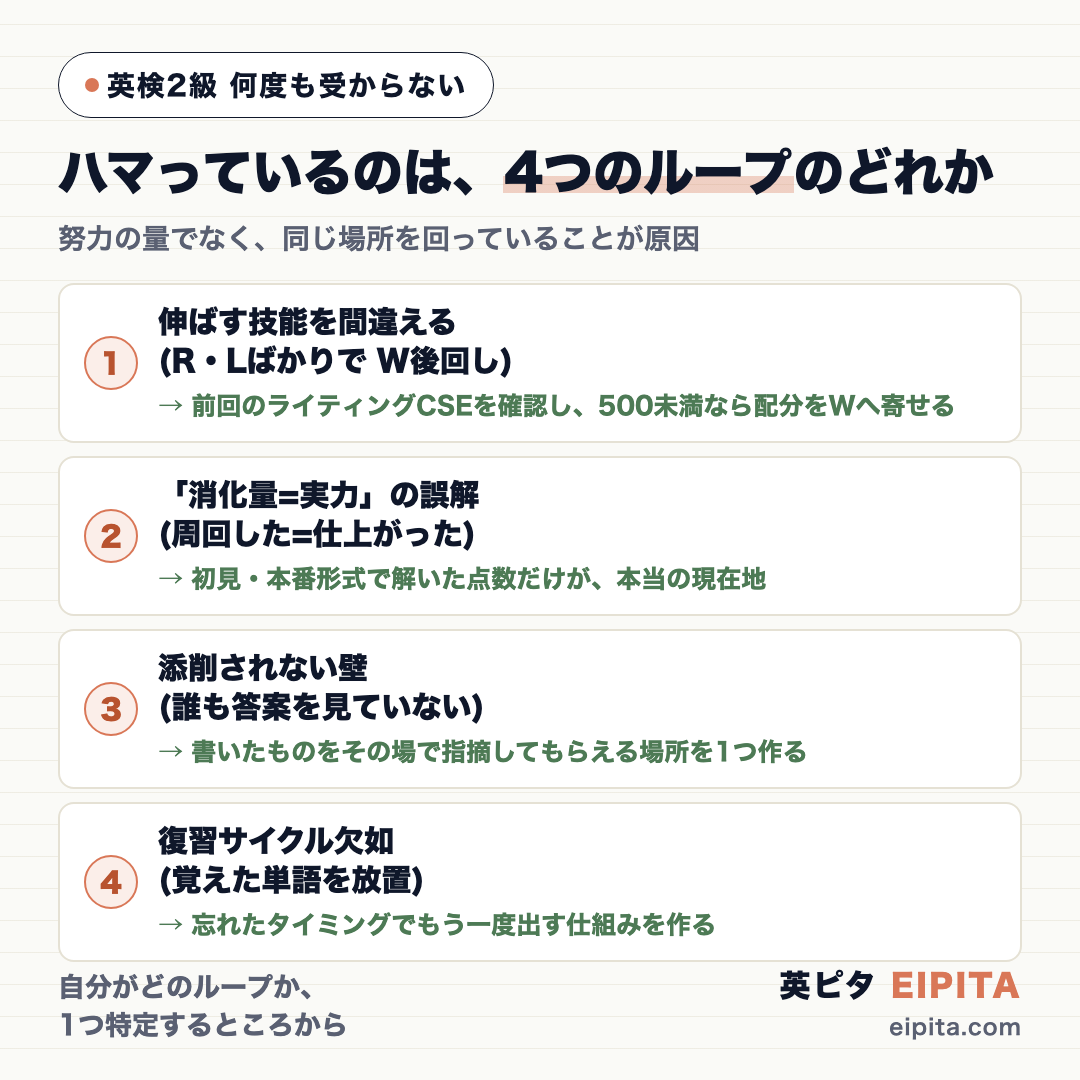 何度も受からない人がハマる4つのループの図解。ループ1=伸ばす技能を間違える(R・LばかりでW後回し)→前回のライティングCSEを確認し500未満なら配分をWへ寄せる。ループ2=「消化量=実力」の誤解(周回した=仕上がった)→初見・本番形式で解いた点数だけが本当の現在地。ループ3=添削されない壁(誰も答案を見ていない)→書いたものをその場で指摘してもらえる場所を1つ作る。ループ4=復習サイクル欠如(覚えた単語を放置)→忘れたタイミングでもう一度出す仕組みを作る