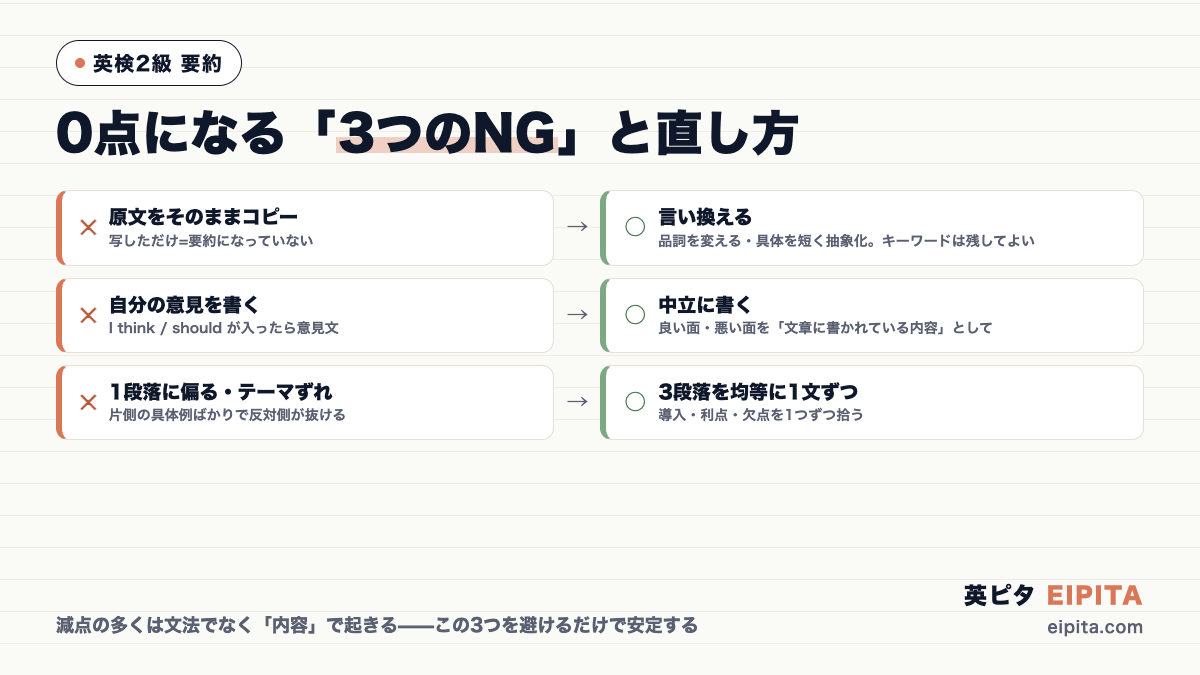 英検2級 要約で0点になる3つのNGと直し方の図解。✕原文をそのままコピー→○言い換える(品詞を変える・抽象化)、✕自分の意見を書く(I think/should)→○中立に書く、✕1段落に偏る・テーマずれ→○3段落を均等に1文ずつ